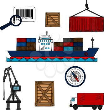 Shipping and delivery industry icons with container ship and cargo crane, wooden and steel containers, barcode with magnifier, compass and delivery truck