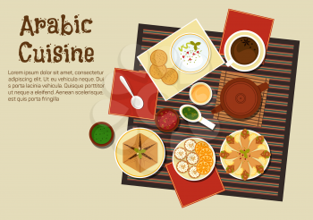 Spicy arabian and turkish food with chickpea falafels, wrapped in flatbread, pita with hummus, dipping sauces, sfiha meat pie, teapot and cakes with oranges. Restaurant menu or recipe book design