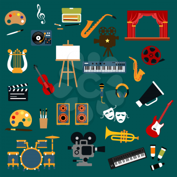 Art, music, cinema and theater icons with music instruments ans microphone, loudspeaker and record player, movie camera and film reel, clapperboard and easel, paints and brush, theater stage and masks