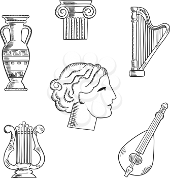 Classic  art and musical instruments sketch icons with a lyre and amphora, capital on a column, harp and woman head