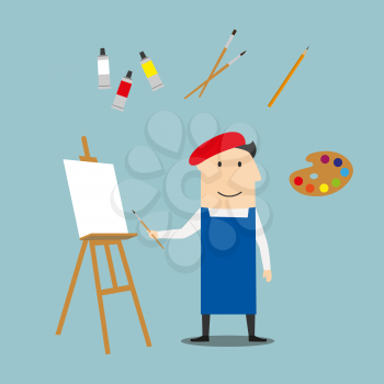 Artist profession concept with craftsman in french red beret and neckerchief, paint tubes and paint brushes, pencils, sketchbook and palette, easel and sculpture icons