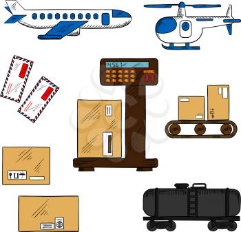 Air and rail freight service icons with airplane and helicopter, tank wagon, letters and delivery boxes with packaging signs on a scales and a conveyor belt