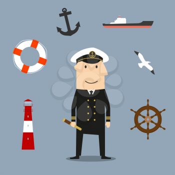 Captain profession icons with sailor in white uniform and peaked cap, surrounded by helm and cargo ship, anchor and lifebuoy, bell and lighthouse