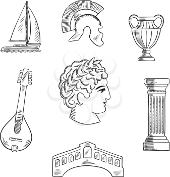 Italian culture, history and travel sketched icons with Caesar in wreath, roman helmet and venice bridge, ancient vase and mandolin, doric column and sailboat. Sketch style