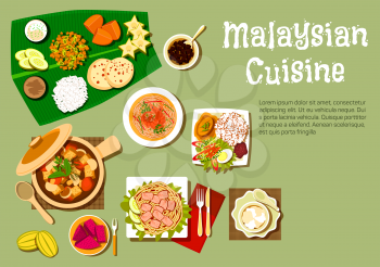 Malaysian cuisine with nasi lemak rice and prawn noodle, tofu noodle with curry, pork stew with mushrooms and tofu, passion fruit and carambola, mango, pineapple with bread and dessert on banana leaf