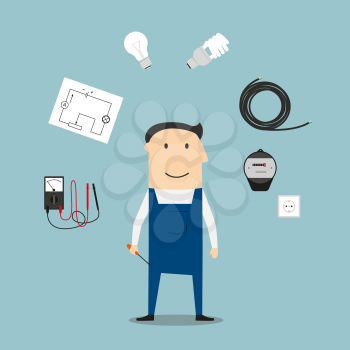 Electrician profession concept with worker encircled by energy saving and light bulbs, plug and socket, electricity meter and circuit breaker, multimeter