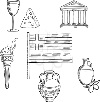Greece traditional symbols and objects with national flag, Parthenon temple and ancient amfora, torch with flame and olive oil,  wine and cheese