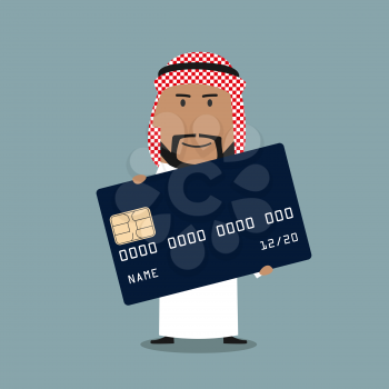 Arab businessman in white thobe and keffiyeh presenting blue credit card. Banking service, finance, business presentation themes design