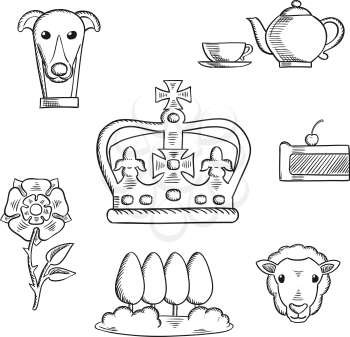 England traditional objects and symbols sketch icons with heraldic tudor rose and park, royal dog and tea set, pie, sheep and Emperor crown