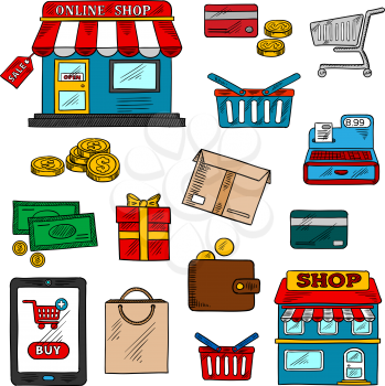 Shopping, business and retail icons of online shop and sale tag, tablet pc with buy button, money and credit cards, shopping cart and bag, store and wallet, cash register, gift and delivery boxes