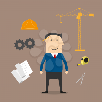 Engineer profession and construction industry icons with engineer man surrounded by yellow helmet and blueprint, tower crane and caliper, ruler, gears and roulette icons. Flat style