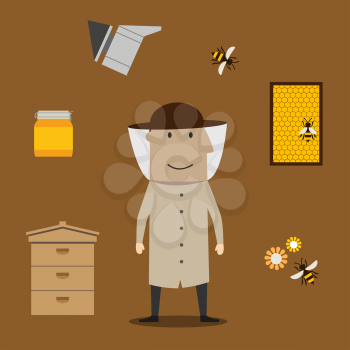 Beekeeper profession and beekeeping icons with man in hat encircled by honey drops and wooden beehives, frame with honeycomb, honey jar with dipper, smoker and bees with flowers