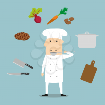Chef profession concept with cook in white uniform and toque surrounded by tomato and onion, carrot and knife, saucepan with ladle, meat steak and spatula