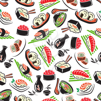 Japanese seafood cuisine seamless pattern with sushi, rice and salmon, shrimps and sashimi, tuna and rolls