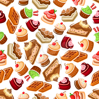 Cupcakes and cakes, fruity dessert and belgian waffles with cream, cherry and strawberry fruits, chocolate chips and sprinkles seamless pattern background. For candy and confectionery themes design