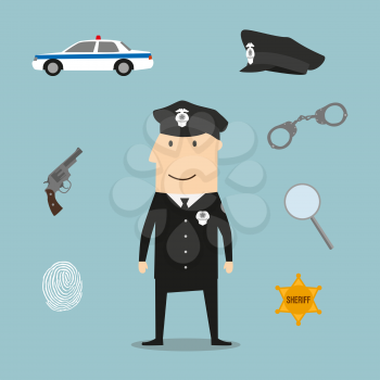 Police profession icons and symbols with officer in black uniform and peaked hat with handcuffs and gun, police car and sheriff star badge, fingerprint and magnifying glass