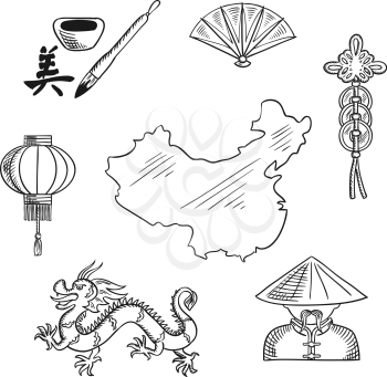 Chinese national symbols with dragon and  mandarin or chinaman, lantern and calligraphy, fan and wealth symbol around a map of China