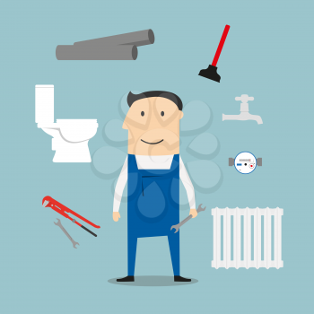 Plumber service profession icons with radiator, water faucet and water meter, toilet and adjustable wrench, pipes system with leak, spanners, plunger and man in overalls