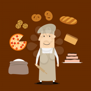 Baker profession concept with man in chef hat and tunic with flour and rolling pin, , bread and pie, pizza and cookies, bread and loaf