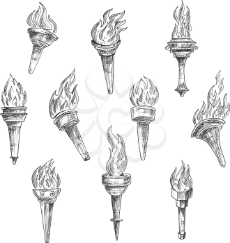 Antique burning torches with curly fire flames in vintage sketch engraving style. Addition to sport, history, religion theme