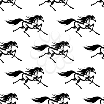 Black and white equestrian background for sporting or interior accessories design with seamless pattern of graceful prancing horses