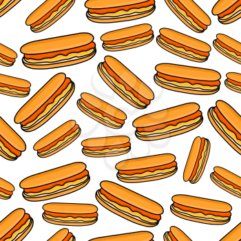 Cartoon fast food background for takeaway menu restaurant design with seamless pattern of colorful hot dogs with smoked sausages and sweet french mustard sauce 
