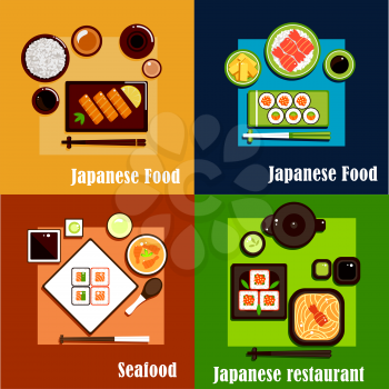 Seafood dishes of japanese cuisine with sushi rolls and salmon, avocado and red caviar, sashimi and marinated shrimps with rice or noodles, tofu, soy and wasabi sauces, sets for tea and sake