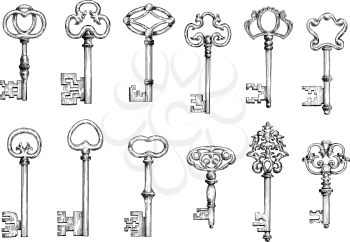 Ancient keys vintage engraving sketches with ornamental forged bows, adorned by victorian flourishes, curlicues and twirls. Maybe used as tattoo, medieval embellishment design or safety themes