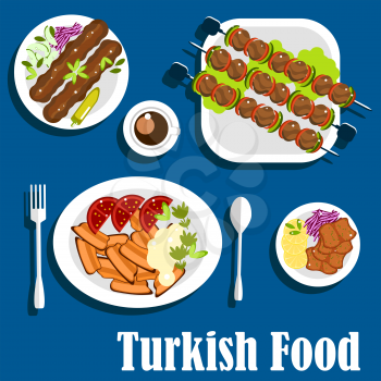 Turkish kebab dishes with chicken adana kebab with red cabbage and cucumbers, beef shish kebab with vegetables on skewers, sliced lamb doner kebab with tomatoes, tandoori meat  and coffee cup