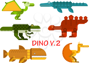 Dinosaurs icons with prehistoric animals and water reptiles. Colorful tyrannosaurus, raptor, brontosaurus, stegosaurus, pterodactyl and velociraptor monsters