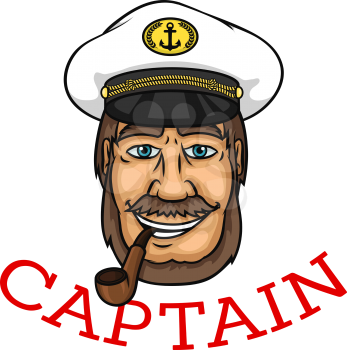 Cheerful sea captain with full beard and smoking pipe, wearing white peaked cap. Marine, nautical or adventure, profession, children book design usage 