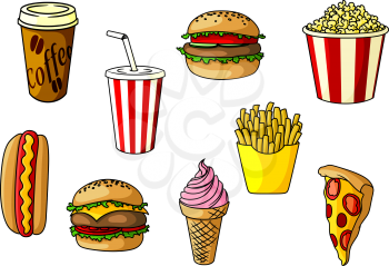 Burger and cheeseburger with vegetables, french fries, pizza, takeaway popcorn bucket and paper cups of coffee and soda, strawberry ice cream cone. Fast food objects for cafe or restaurant menu design