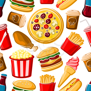 Colorful fast food lunch seamless pattern with randomly scattered over white background pepperoni pizzas, burgers, french fries, fried chicken, strawberry ice cream, popcorn, sweet soda and coffee