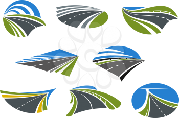 Roads and modern speed highways icons with green and yellow roadsides and blue sky. For travel, vacation or transportation design 