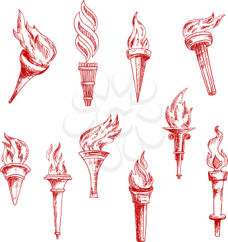 Medieval flaming torches sketches in engraving style with figured handles and powerful flames. Use as heraldic, religion, sport symbol design