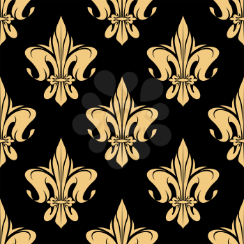 Seamless french victorian fleur-de-lis pattern with heraldic yellow floral composition, adorned by swirling lines and curls on black background. Luxury wallpaper or vintage interior accessories usage