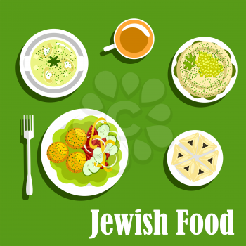 Dishes of jewish cuisine with matzo balls, served with tomato, cucumber and pepper, creamy mushroom soup, pitta bread with pea and spicy herb, coffee cup, hamentashen pastries, filled with poppy seeds