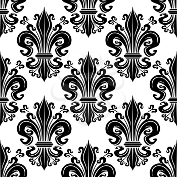 Black fleur-de-lis ornate seamless pattern of victorian leaf scrolls with ornamental swirling petals and curly tendrils on white background. Use as french royal concept or vintage interior design