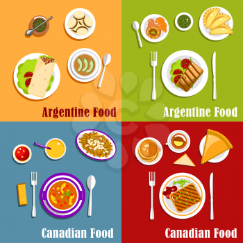 Dishes of Canada and Argentina with empanadas, poutine, grilled beef steak and peameal bacon, vegetable stew, pancakes with maple syrup, caramel candies, cookies and butter tart, mate tea and juice