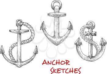 Old marine anchors isolated sketches of large stocked anchors with twisted ropes. May be used as navy heraldic symbol, yacht club emblem or tattoo design