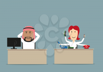 Cartoon lazy arab chief relaxing at workplace while his secretary working. Lazy worker, unfair teamwork, overwork, shirker theme design