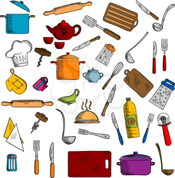 Pots and cups, tea set, knives and forks, spatula and cutting board, whisk and chef hat, graters and rolling pin, tray and corkscrew, napkin and pizza cutter, oven glove and salt shaker