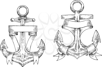 Vintage nautical anchors sketch symbols with decorative admiralty anchors, supplemented by heraldic ribbon banners with copy space. Use as yacht club symbol, marine vacation or sailing sport design 
