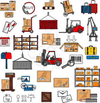 Storage and shipping icons with storage racks, forklift and hand trucks, crane and calendar,  scales and conveyor with packages and letters, barcode and packaging signs, mailbox and hands with box