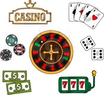 Casino and gambling symbols with money and gambling chips, playing cards with four aces, dice and slot machine, casino golden signboard, topped with crown and roulette