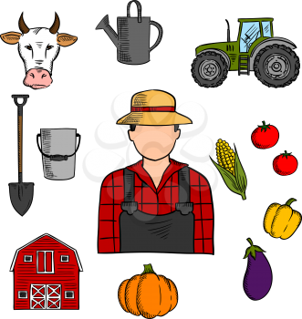 Farmer with agriculture and farming icons of cow and tractor, barn and fresh pumpkin, tomato and eggplant, corn and bell pepper vegetables, watering can, shovel and bucket