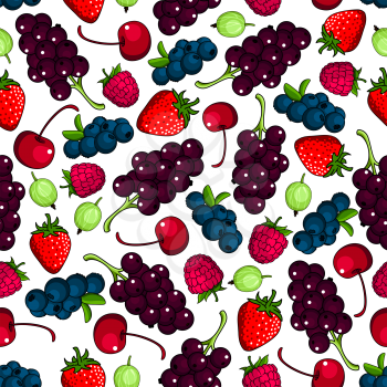 Fresh berries background with seamless pattern of sweet strawberry and raspberry, cherry and blueberry, black currant bunches and gooseberry fruits. Agriculture or vegetarian dessert recipe design