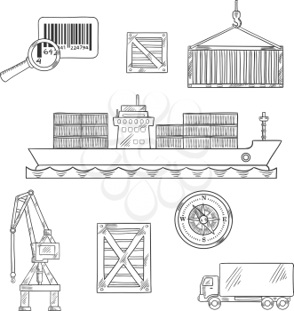 Shipping and marine freight icons with container ship unloading at port, cargo crane and containers, delivery truck, barcode and nautical compass. Logistics and transportation theme design 
