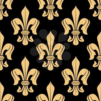 Golden floral heraldic fleur-de-lis seamless pattern on black background. Luxury wallpaper or fabric design usage