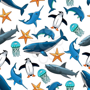 Sea animals and birds pattern with big whales and grey reef sharks, atlantic dolphins and penguins, starfish, marlins and blue jellyfishes.Zoo or underwater wildlife themes design